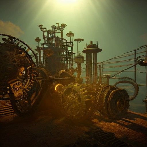 Steampunk Landscape with Rusty Cogs and Chains