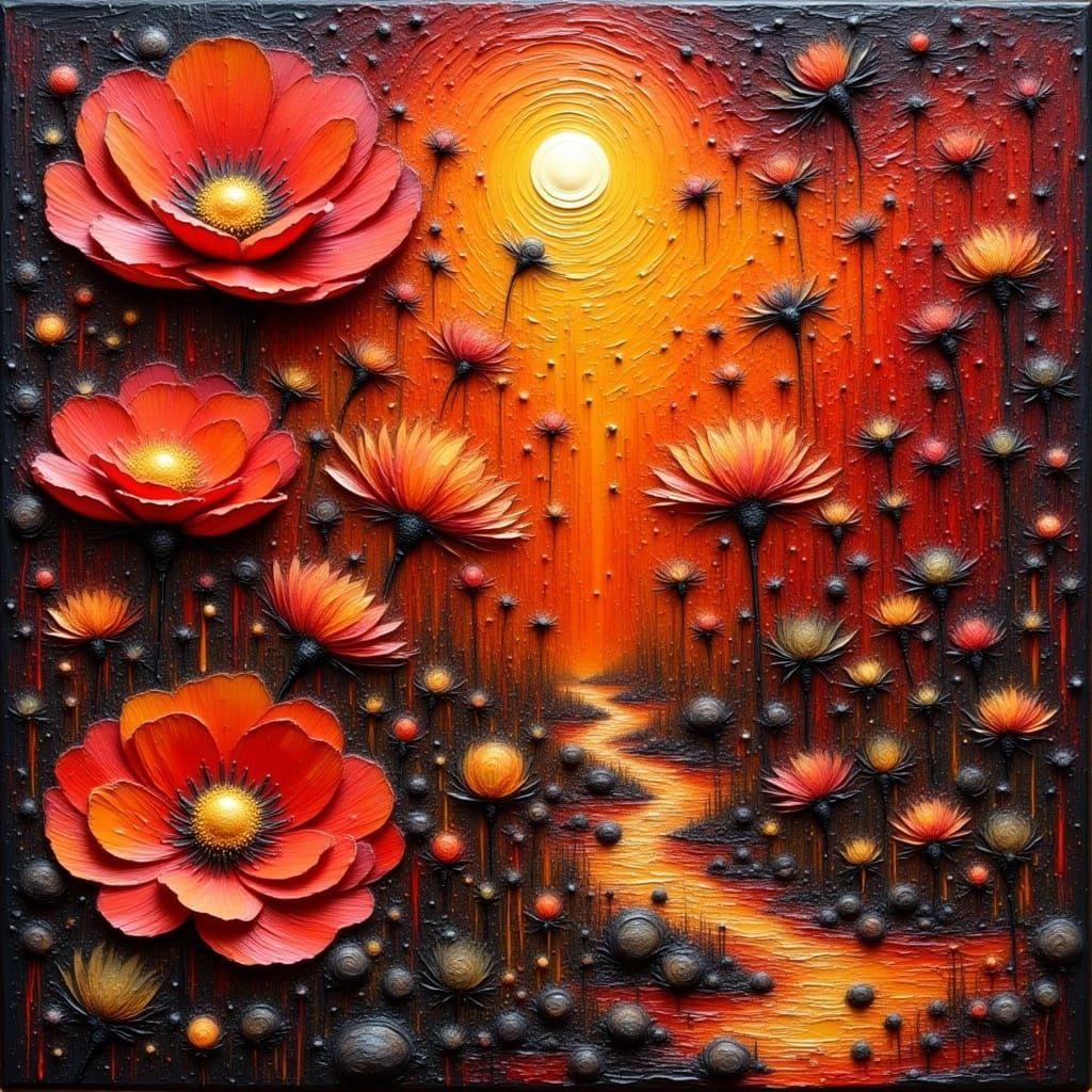 Surreal Volcanic Garden Art in Impasto Oil Style