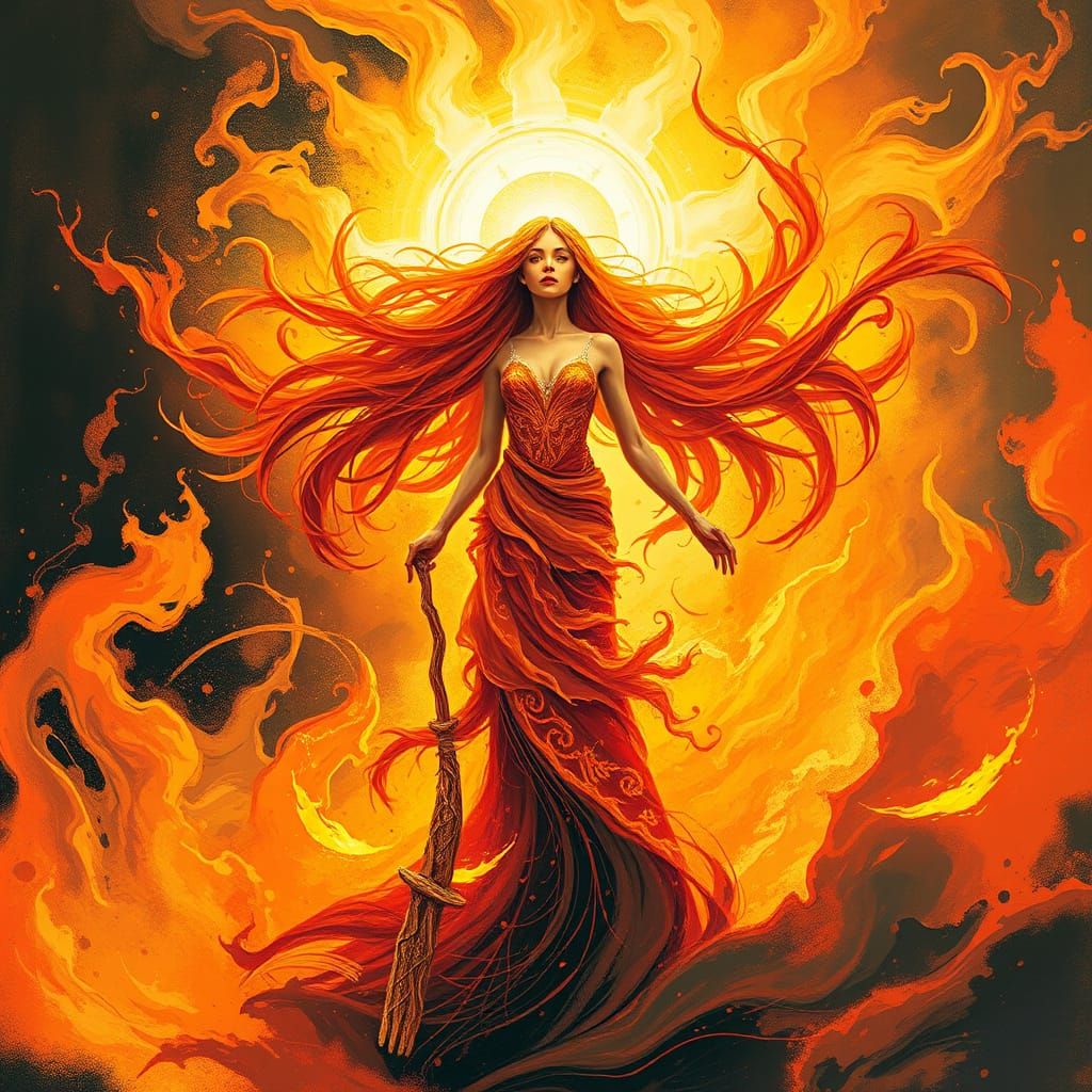 Woman Ignites Amidst Swirling Flames in Vibrant, Dreamlike A...