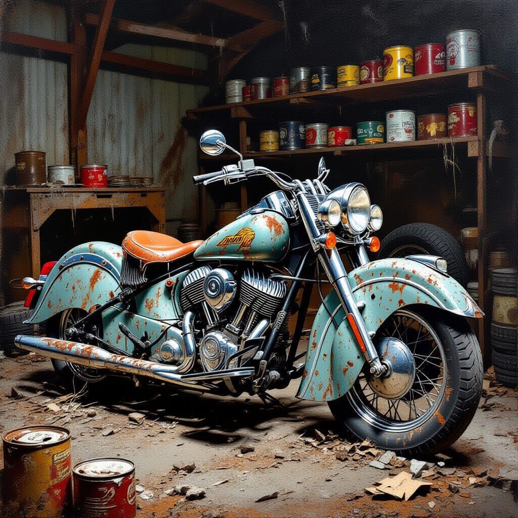 Rusting 1935 Indian Motorcycle in Abandoned Workshop Oil Pai...