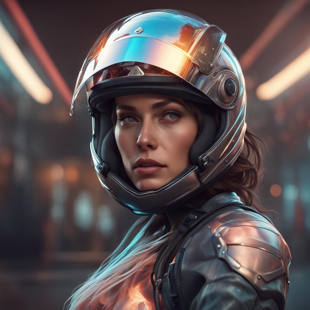 Woman in Motorcycle Helmet: Hyperdetailed Portrait