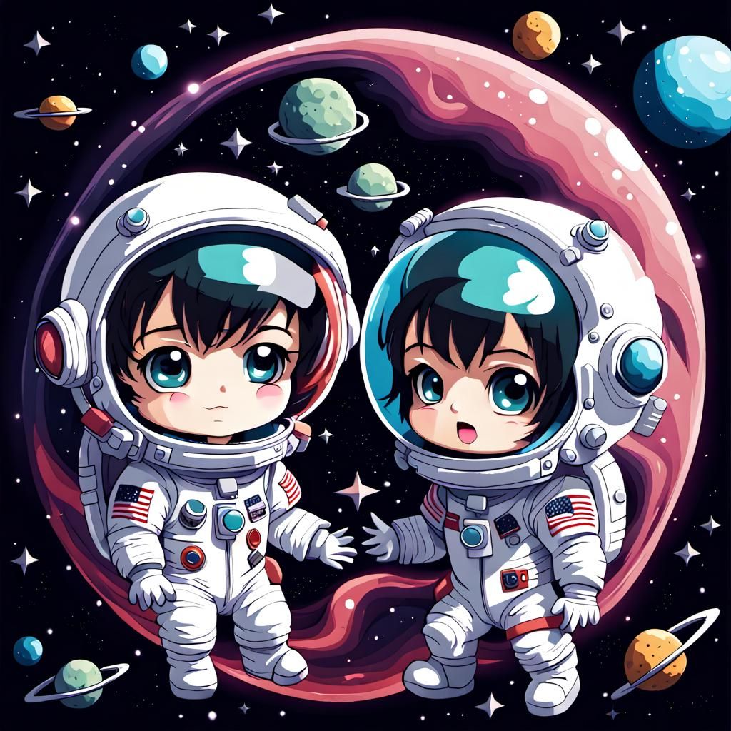 Chibi Astronauts Playing with Alien in Space Anime