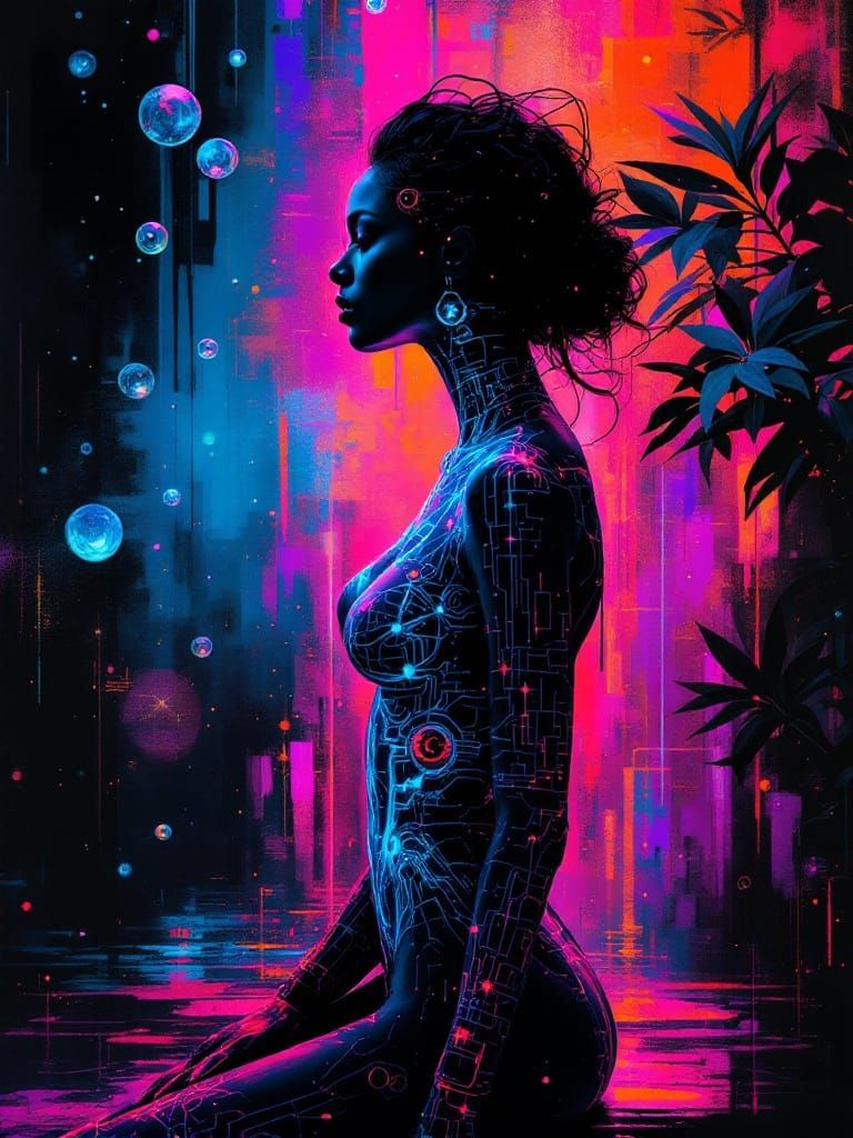 Baroque Cyberpunk Goddess in Neon Twilight
