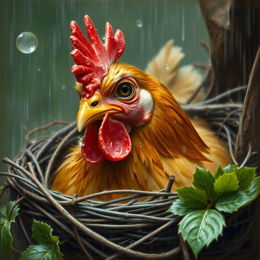Grumpy Chicken in Nest: Impressionist Fine Art
