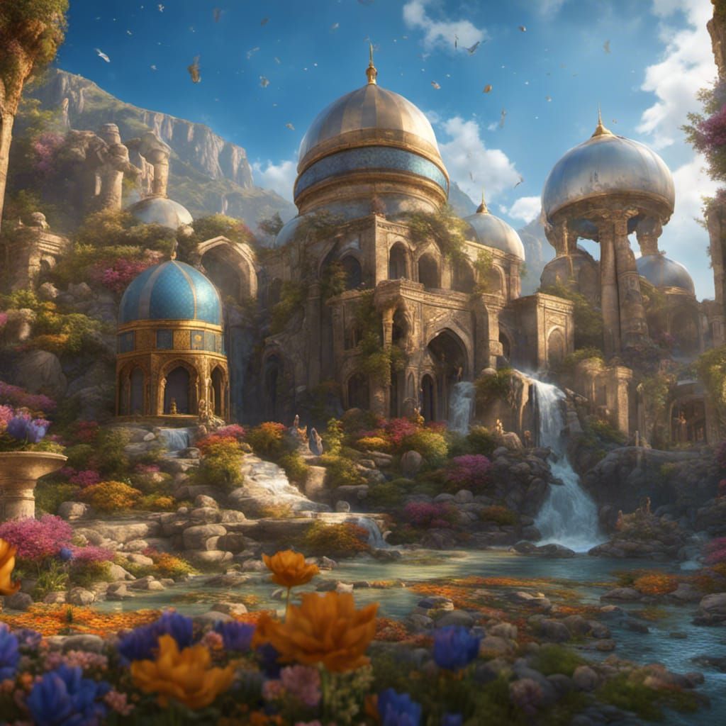 Golden-Domed Persian Monuments by Waterfall: Fantasy Art