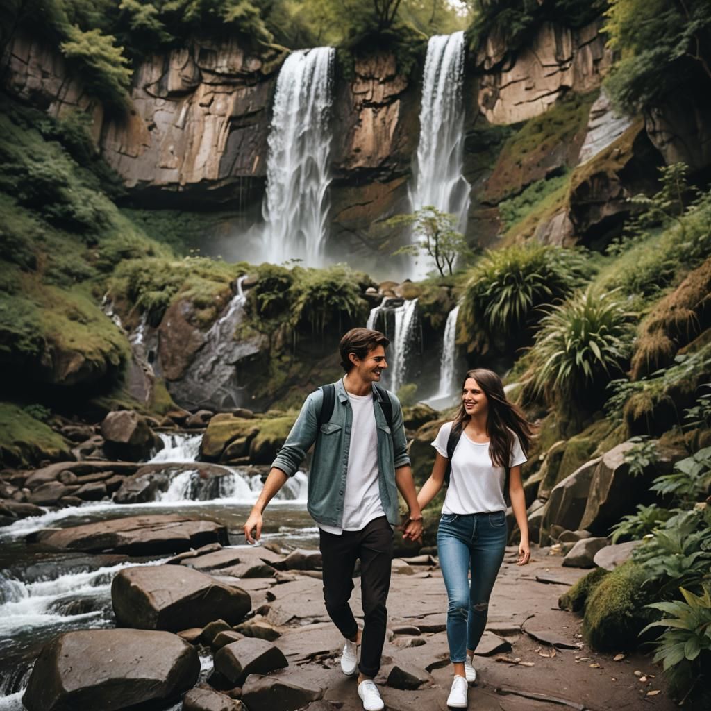 Teenage Couple Walking By Waterfall