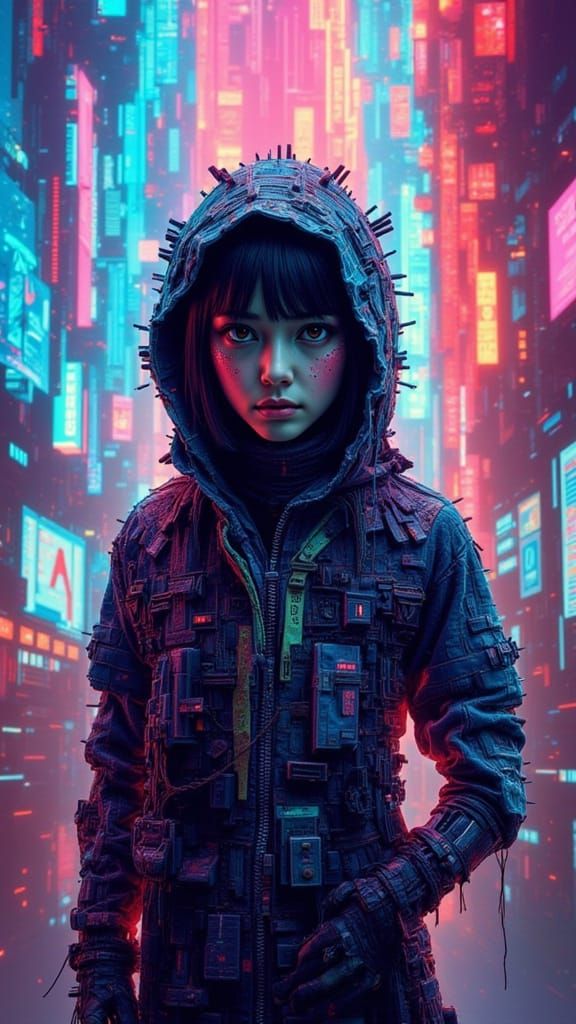 Alien Teenager in Neon Cityscape, Matte Painting Style