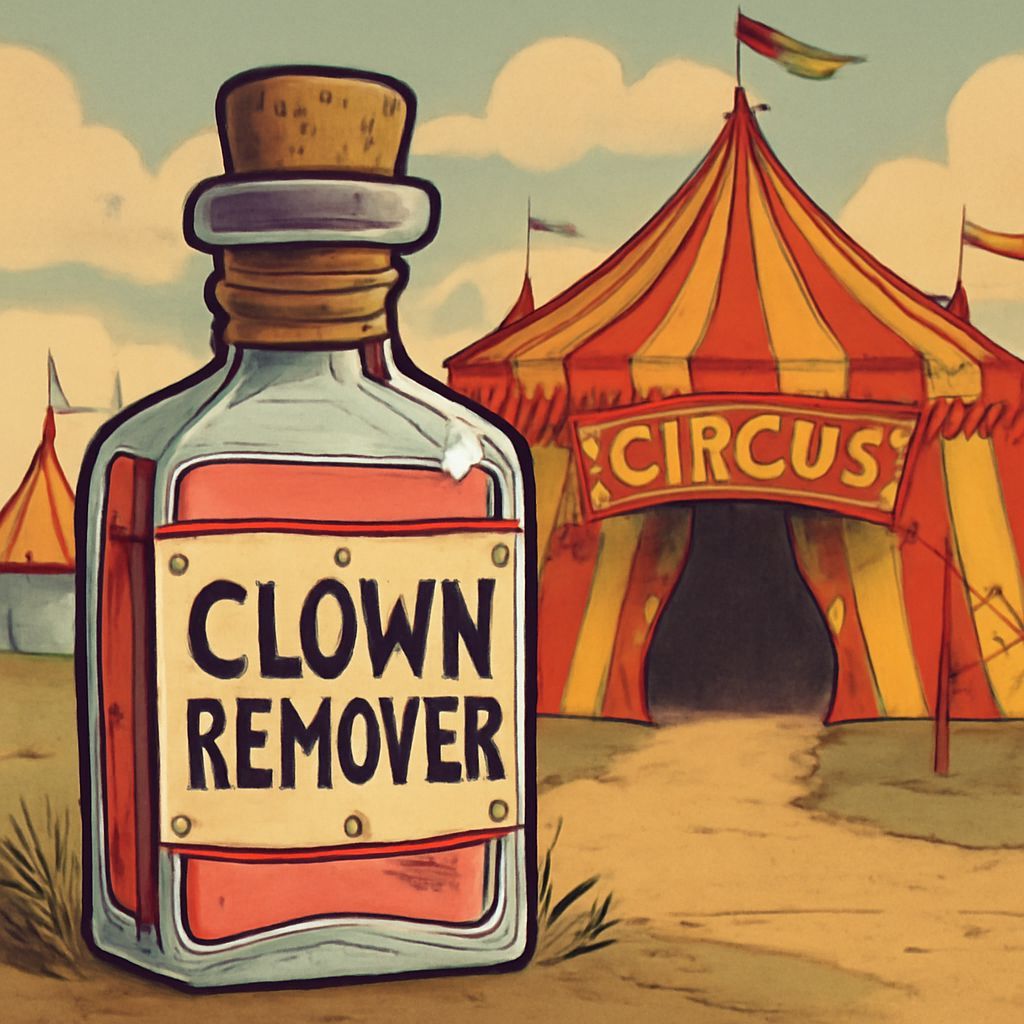 Mysterious Elixir Labeled Clown Remover Amidst a Vibrant Cir...