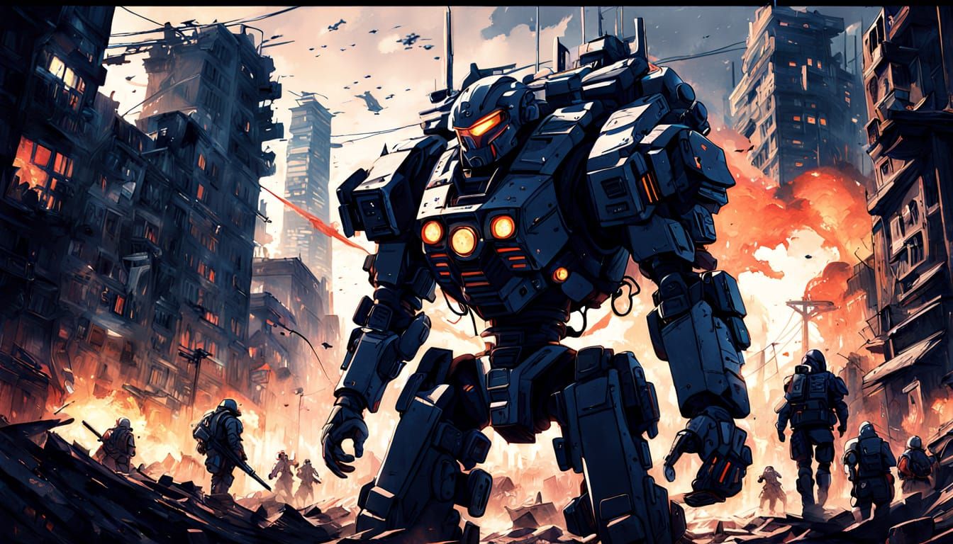 Anime Mecha Battle in Post-Apocalyptic City