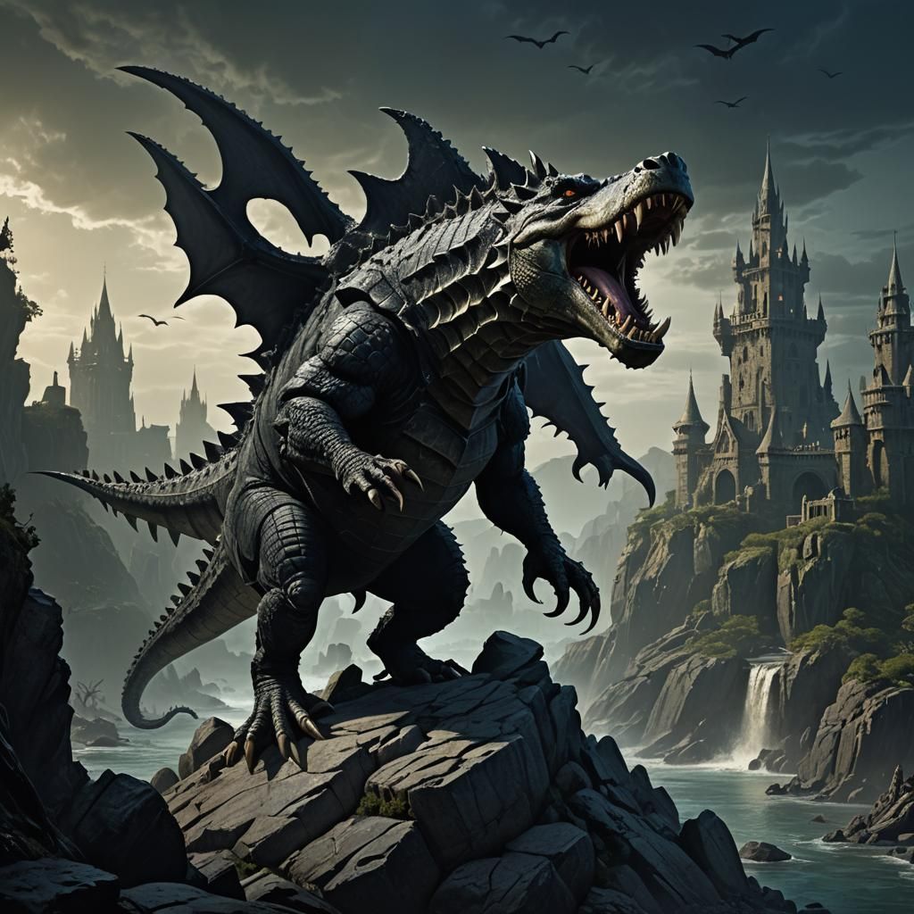 Boar-Crocodile-Shark Hybrid in Dark Fantasy Style