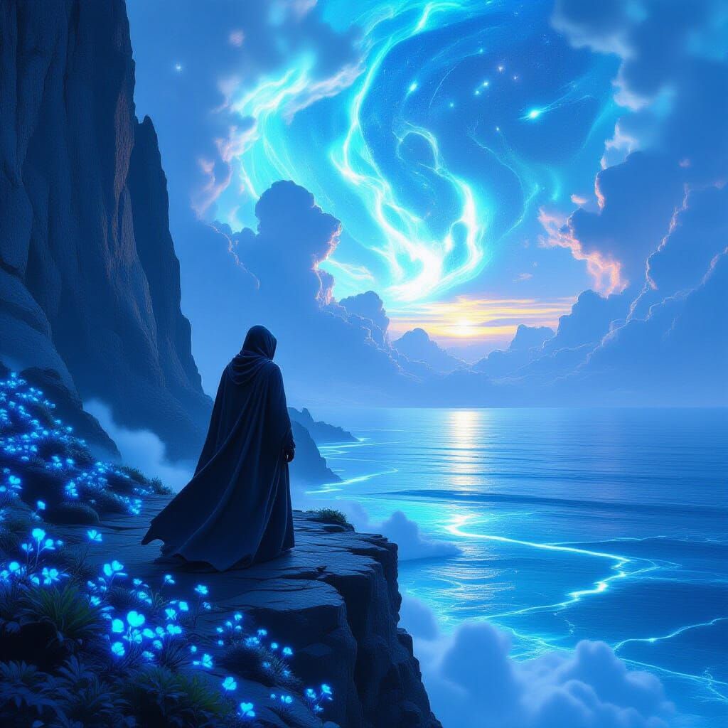 Figure on Alien Cliff Overlooking Nebula Ocean