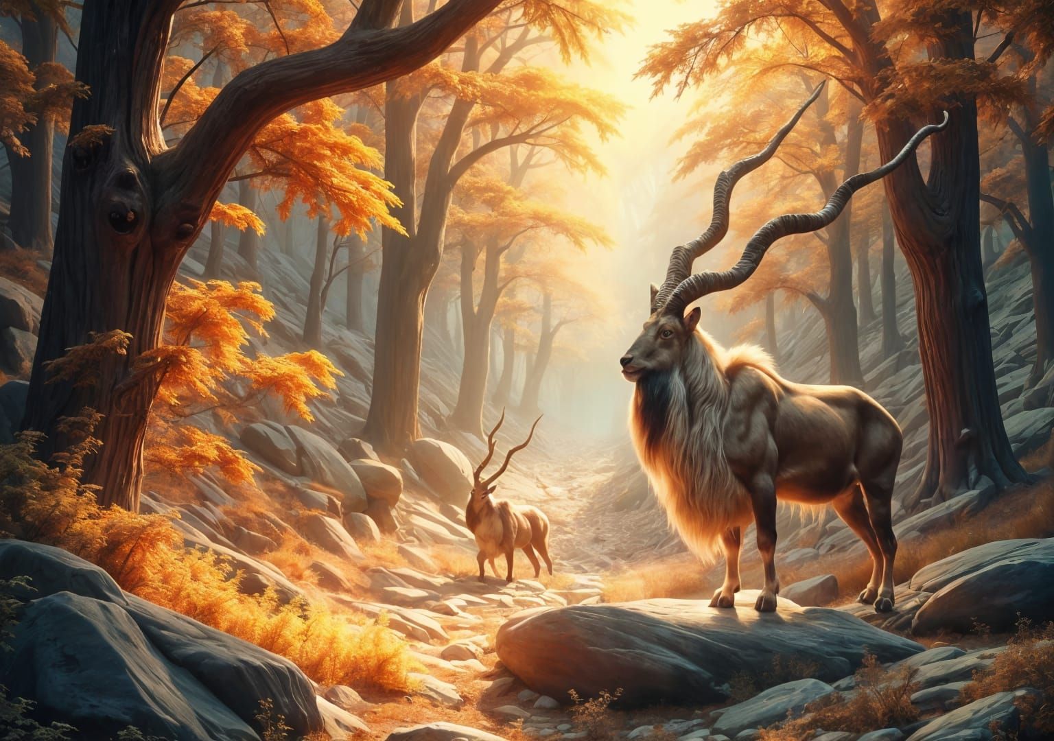 Markhor Goat in Mountainous Landscape, Oil Painting