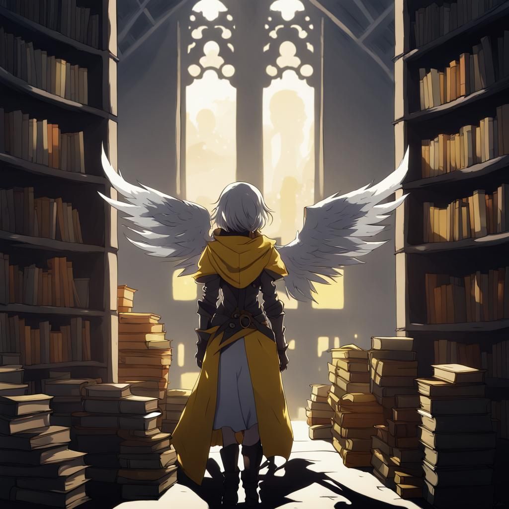 Anime Girl with Wings and Books