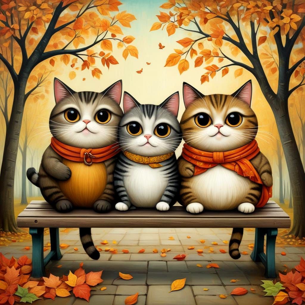 Two Happy Cats in Art Brut Autumn Scene
