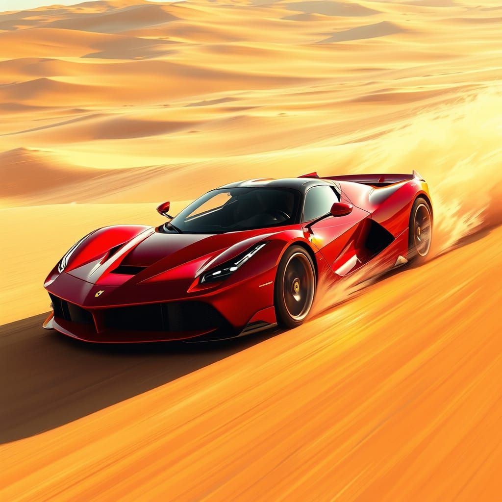 Red Ferrari Speeds Through Sand Dunes with Motion Blur