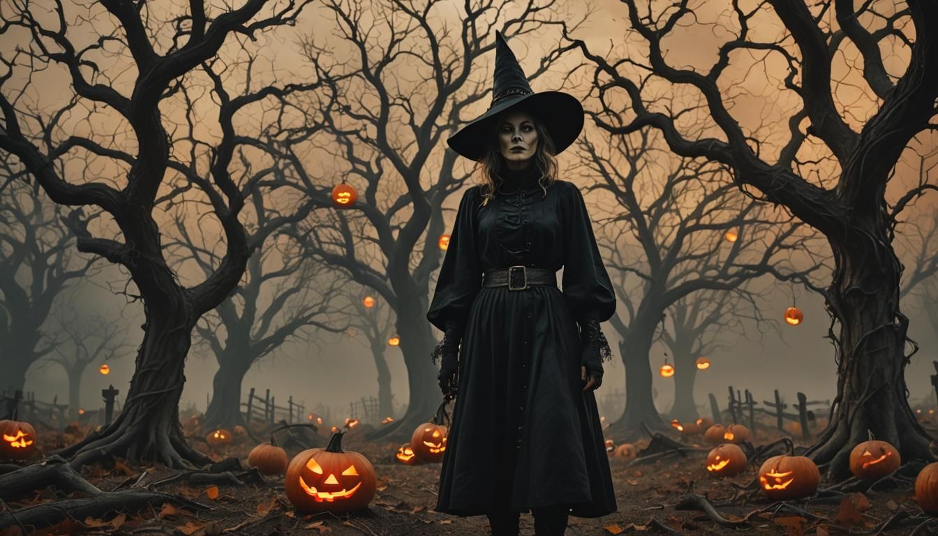 Dark Fantasy Witch in Autumn Countryside