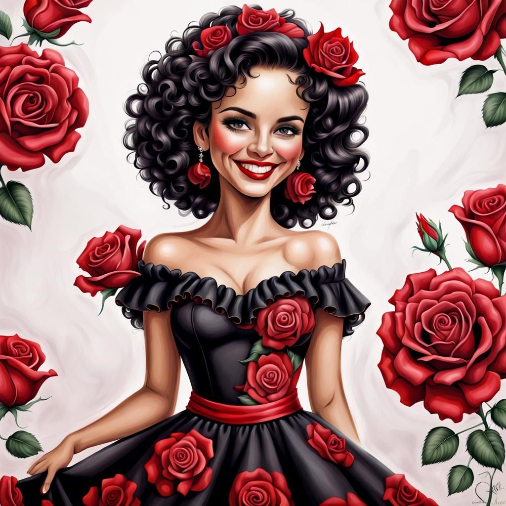 Smiling Spanish Senorita in Flamenco Dress Illustration