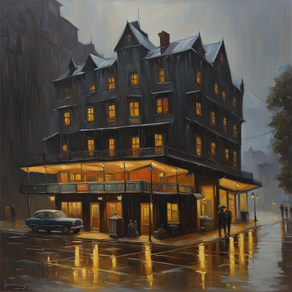 Rainy Wooden Hotel in Oil Painting Style