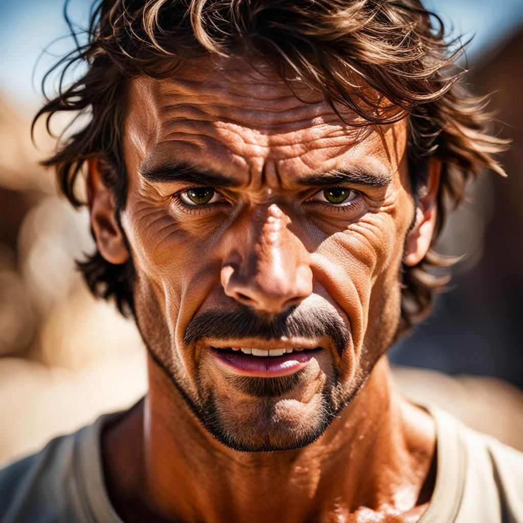 Portrait of Handsome Sweating Man in Sunlight