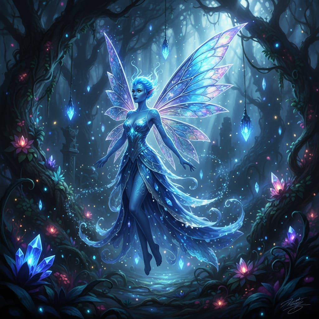 Ethereal Blue Fairy with Crystal Wings in Magical Night