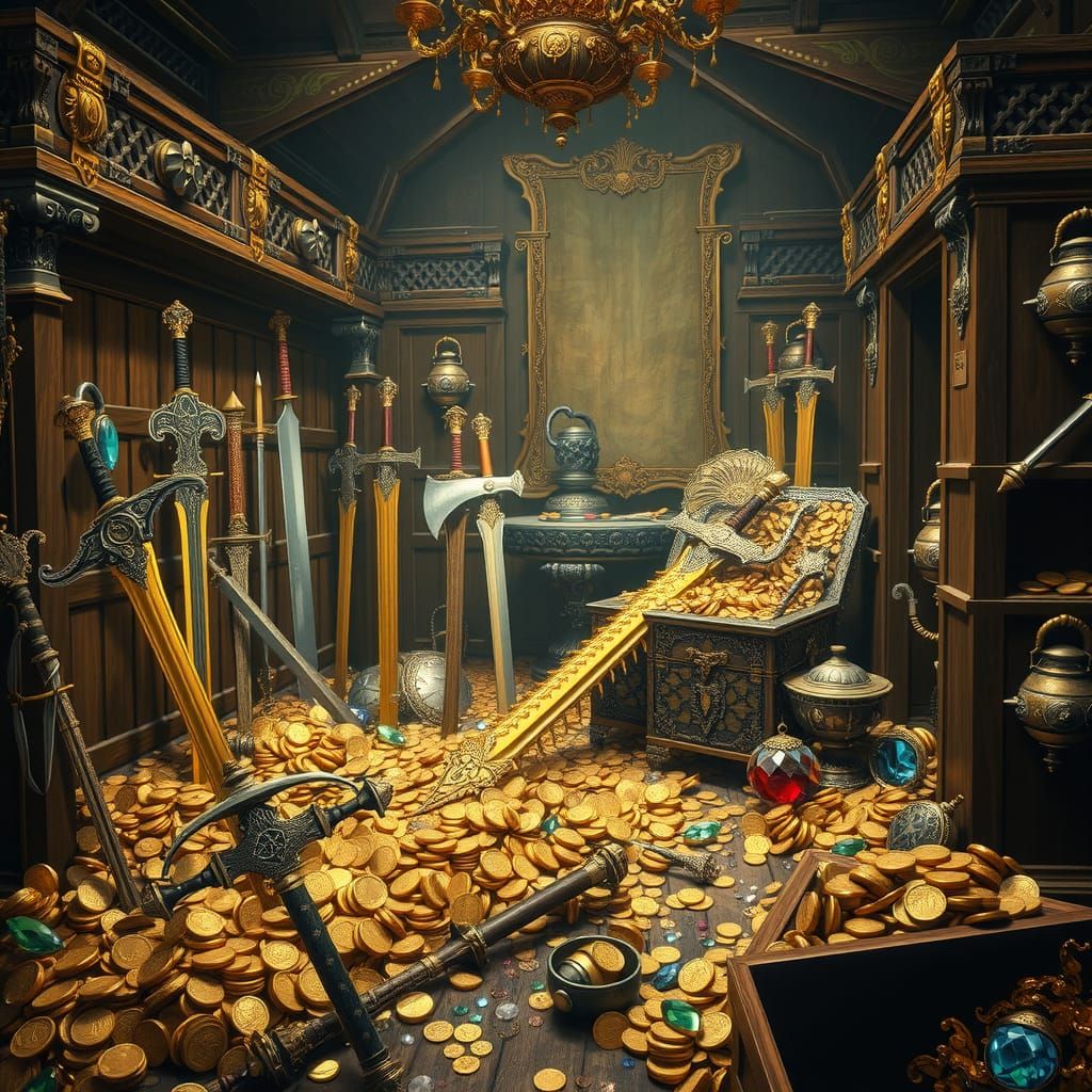 Opulent Treasure Room with Antique Weapons and Jewels