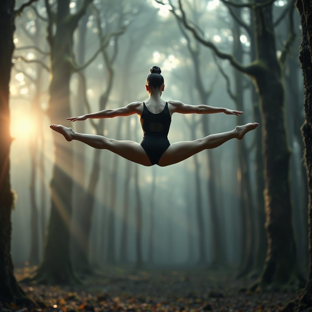 Gymnast in Eerie Forest Clearing, Surreal Dreamlike Pose