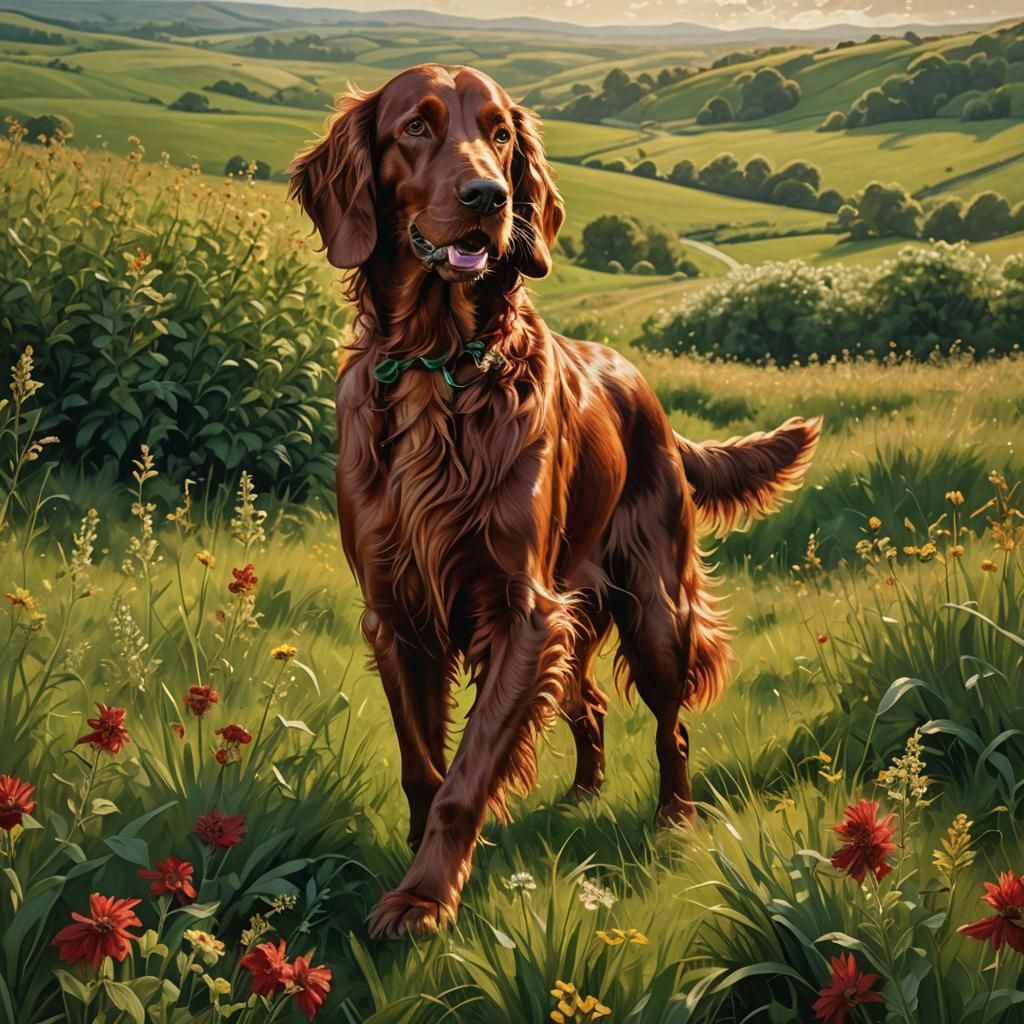 Irish Setter in Emerald Field: Fantastical Matte Painting