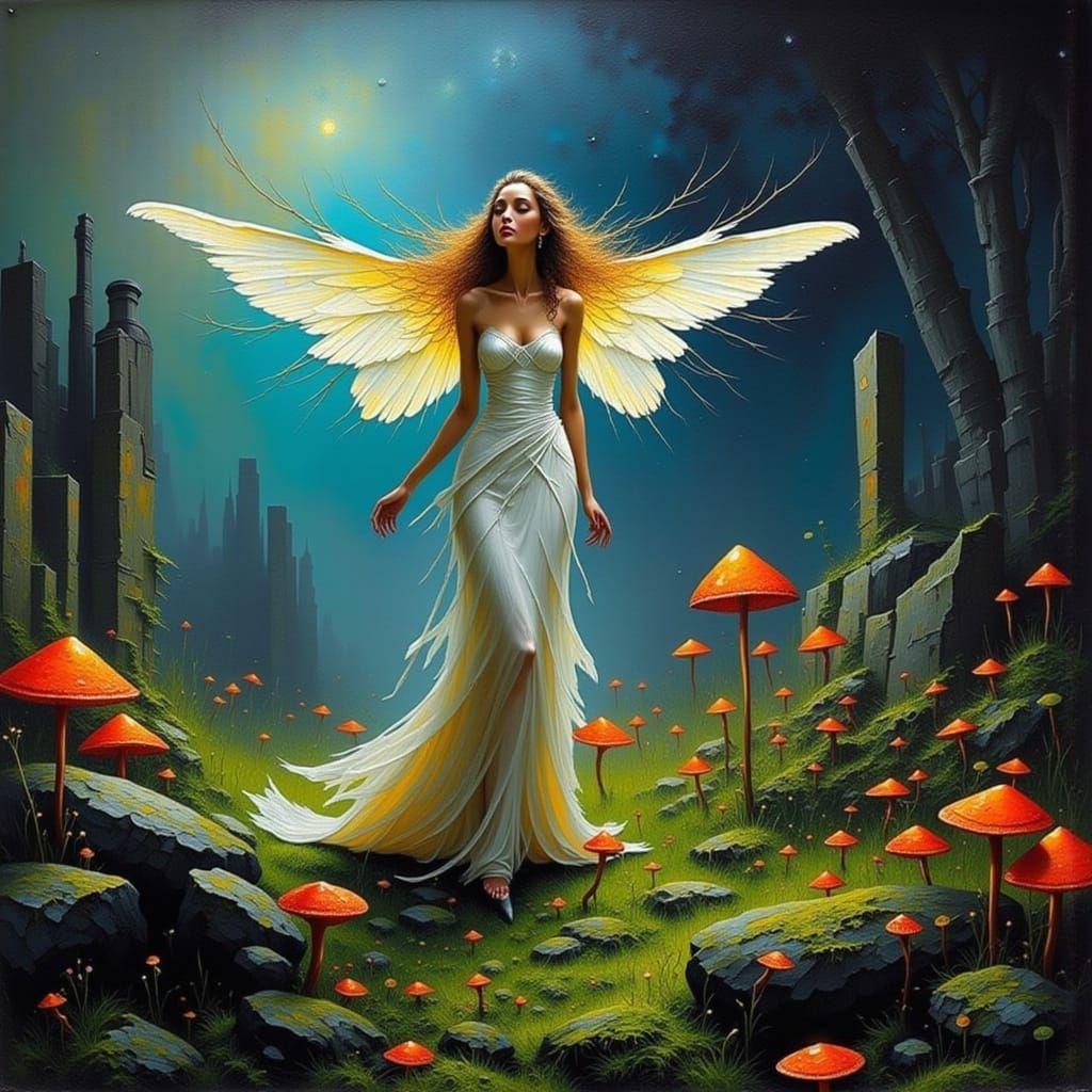 Ethereal Fairy Over Bioluminescent Fungi Field