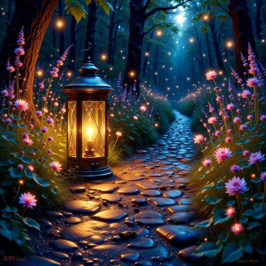 Old Lantern Glows on Wildflower Path at Twilight