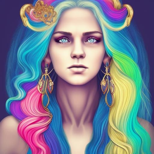 Beautiful Woman with Rainbow Hair in Digital Painting