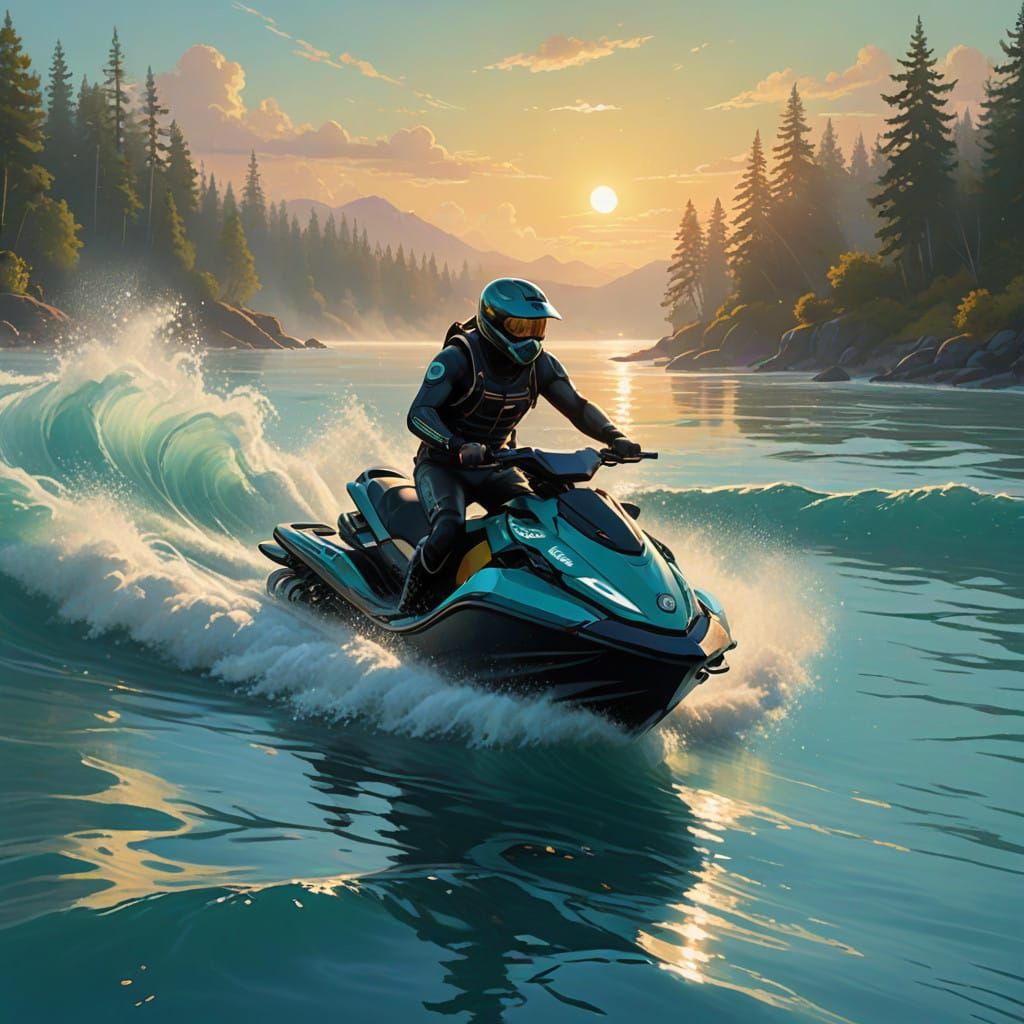 Sleek Jet Skier Glides Across Turquoise Waves in Warm Golden...