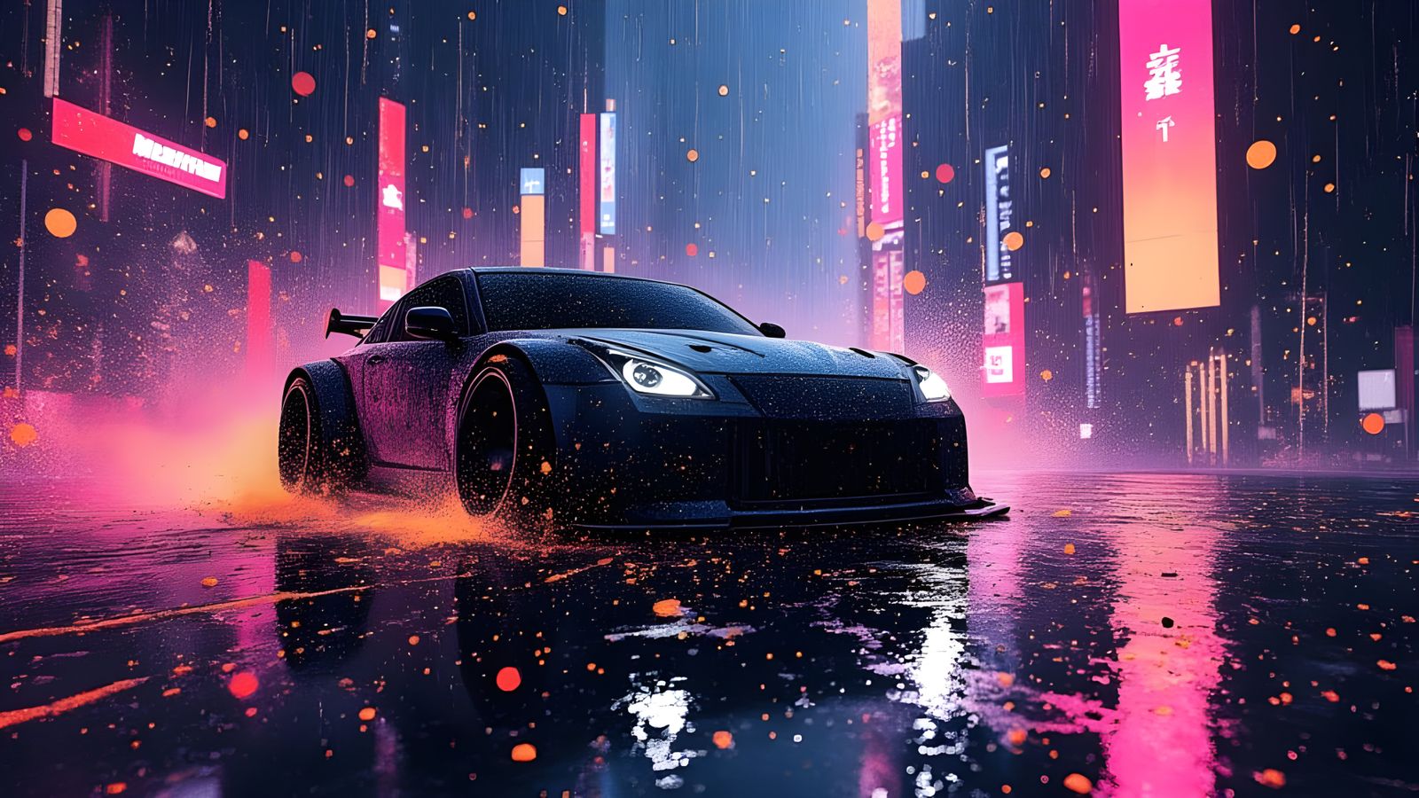 Cyberpunk Rally Car Speeds Through Neon City Streets