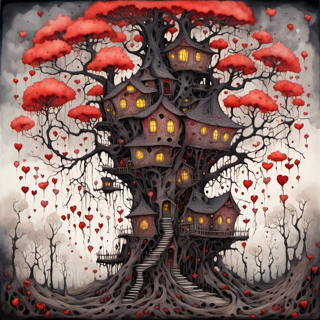 Whimsical Doodle Treehouse in Surreal Watercolour Style