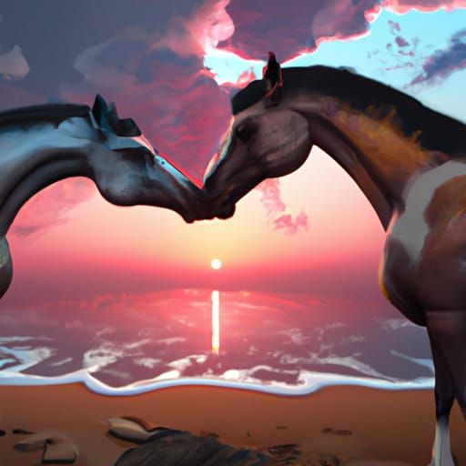 Horses Embracing Sunset on the Beach in Vibrant Color