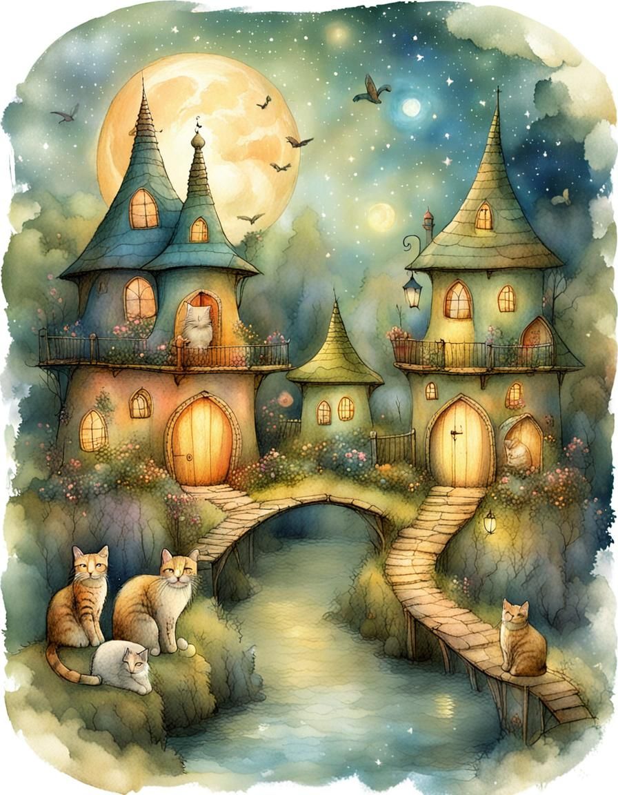 Magical Cat Village in Fantasy Clipart Style