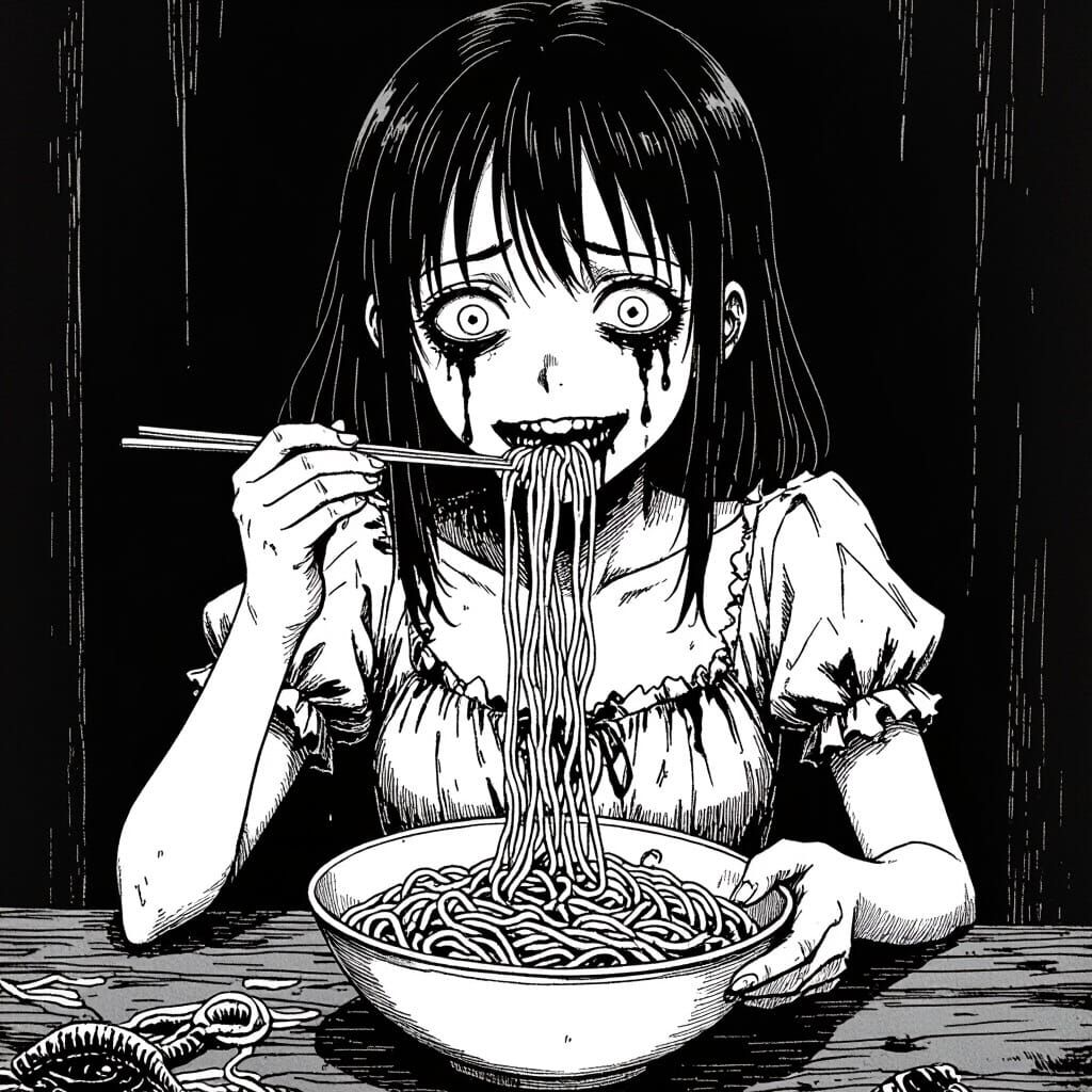 Creepy Girl Eating Worm Noodles in Manga Style