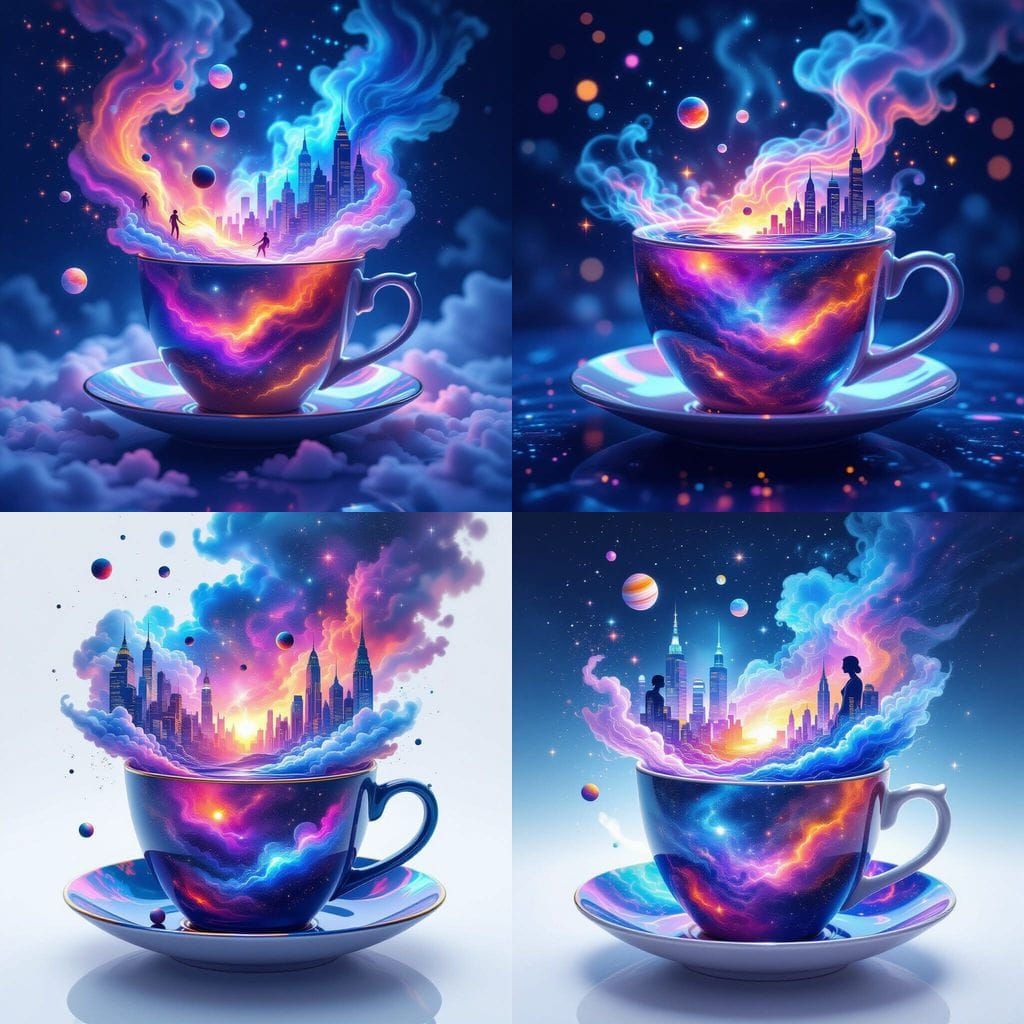 Galaxy Teacup With Cosmic Nebula And Tiny Planets