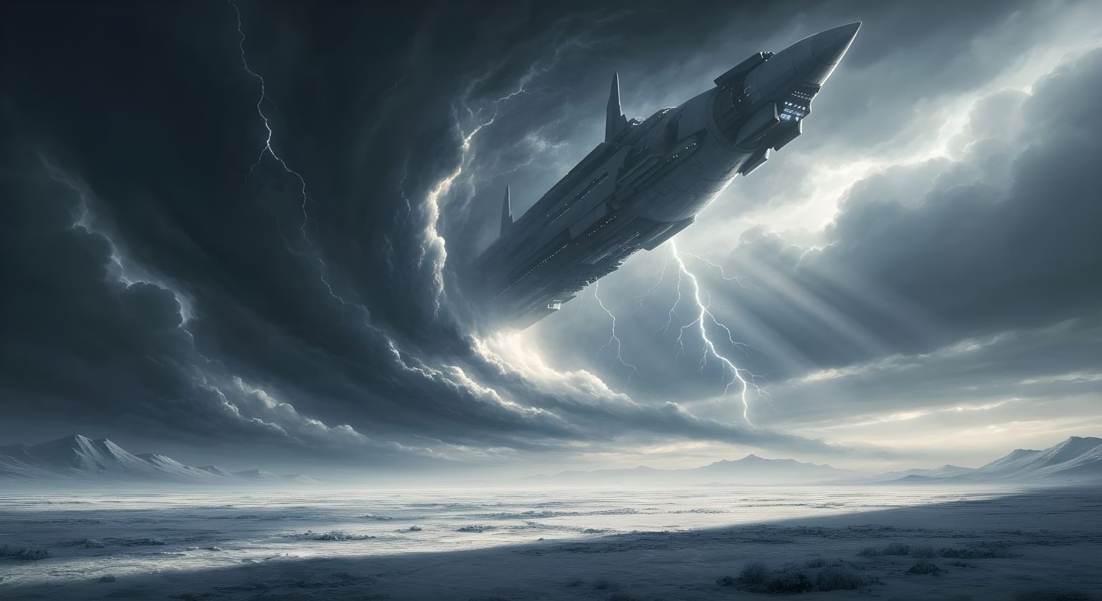 Rocketship Emerges Over Winter Landscape in Romantic Style