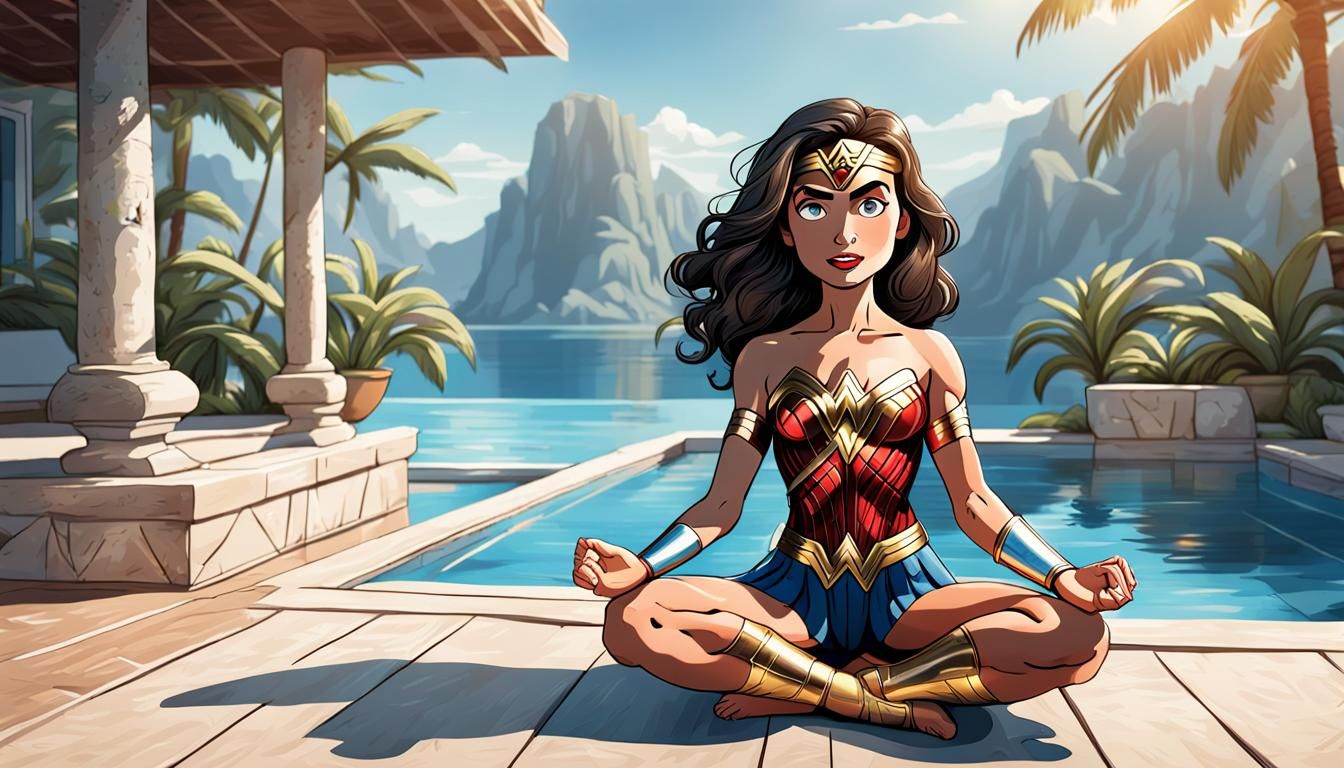 Wonder Woman Meditating: Cartoon Illustration