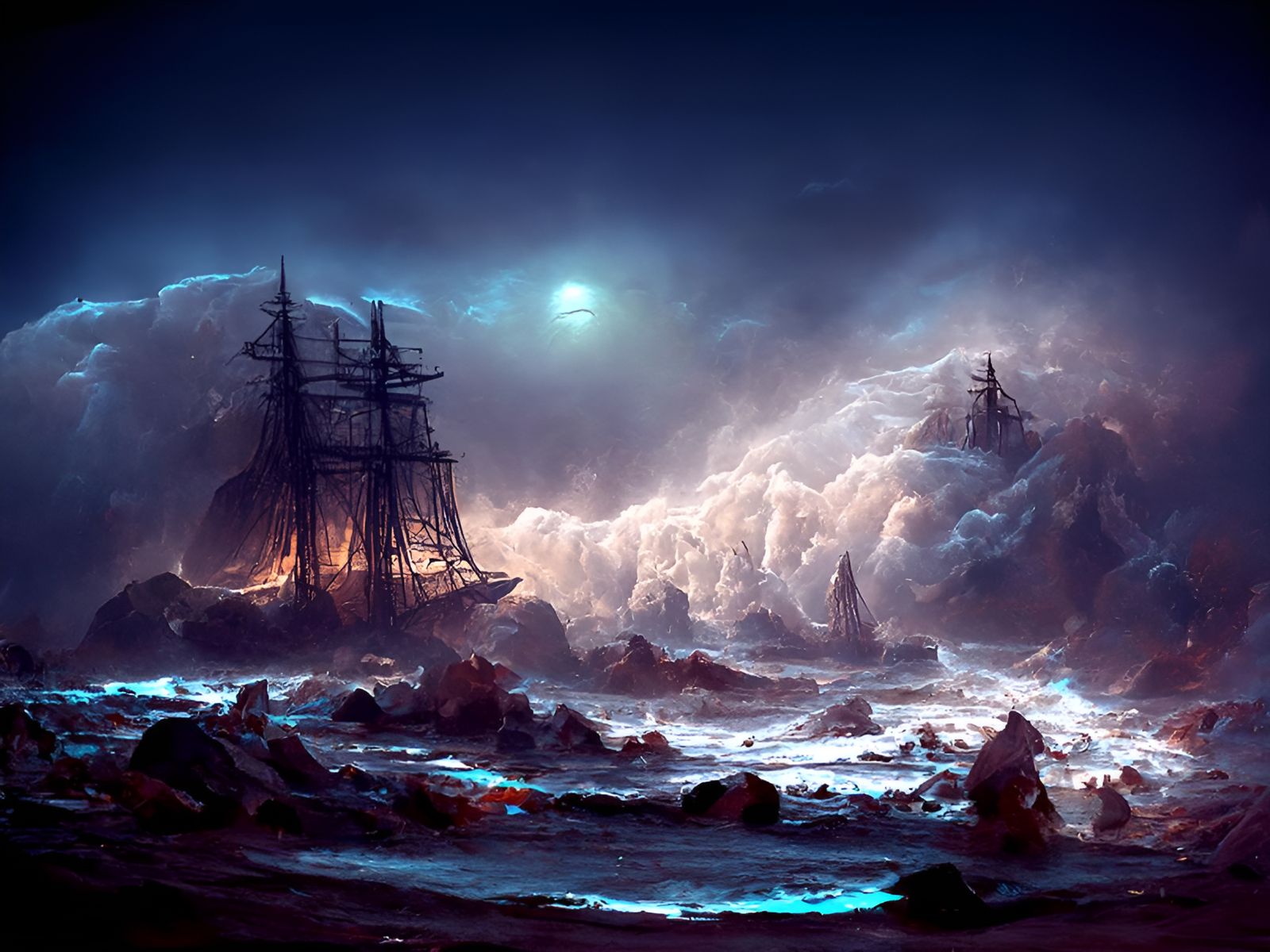 Ghost Ship Sailing Through Luminous Clouds