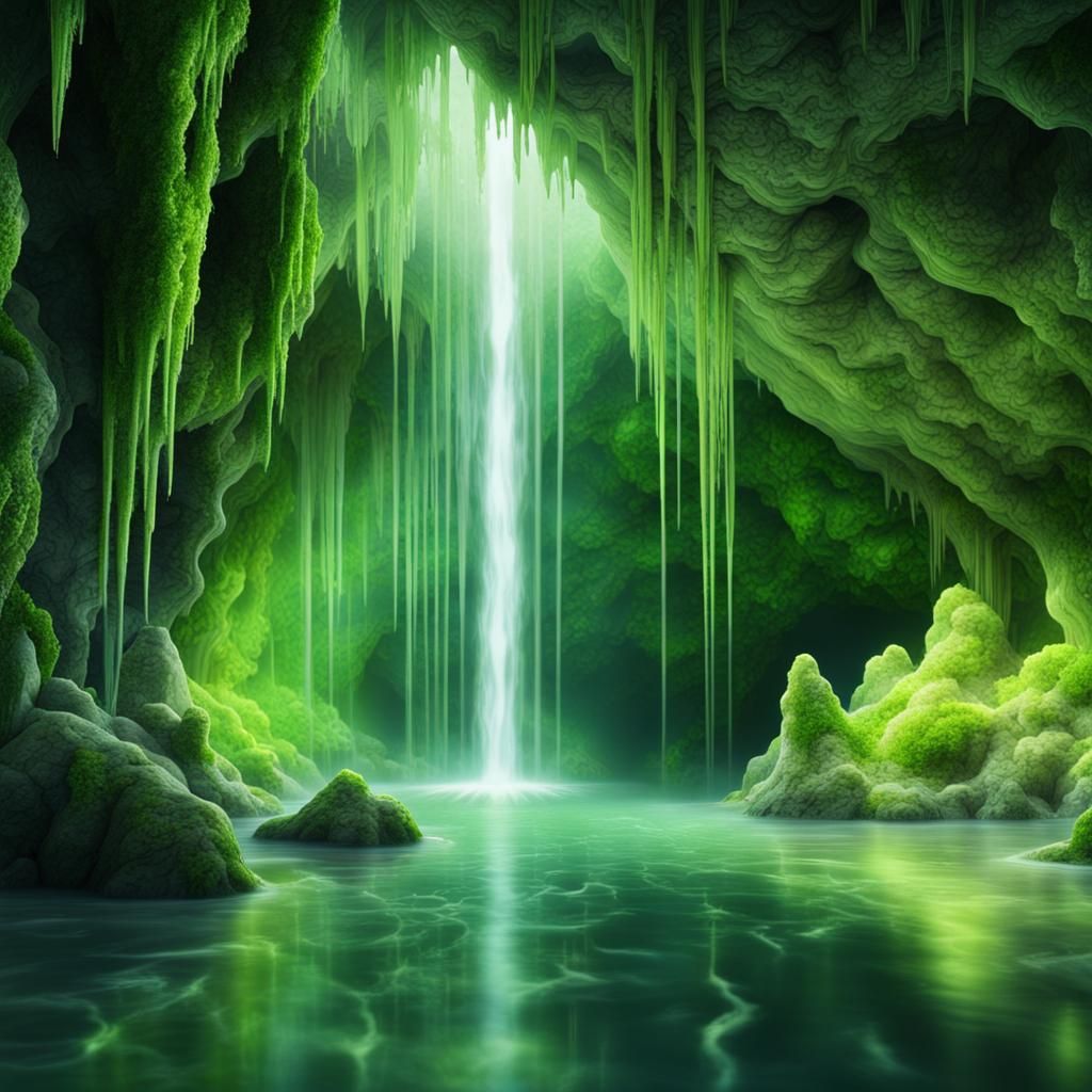 Beautiful Crystal Cave with Waterfall in Digital Painting