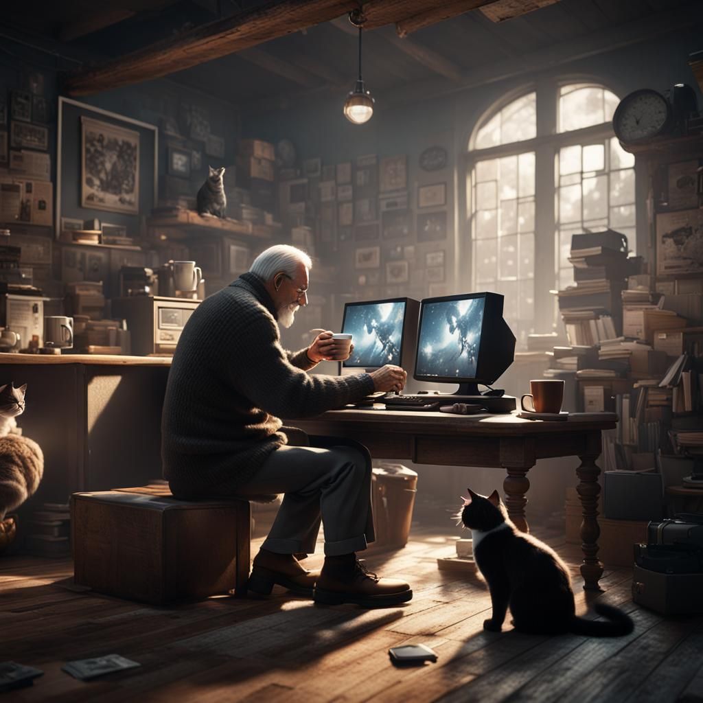 Man, Cat, and Computer in 3D Game Style