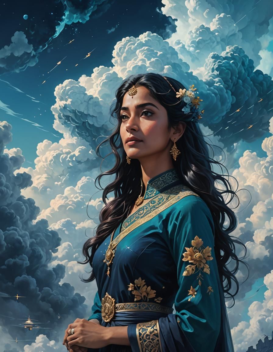 Serene Cosmic Goddess amidst Celestial Whimsy in Photorealis...