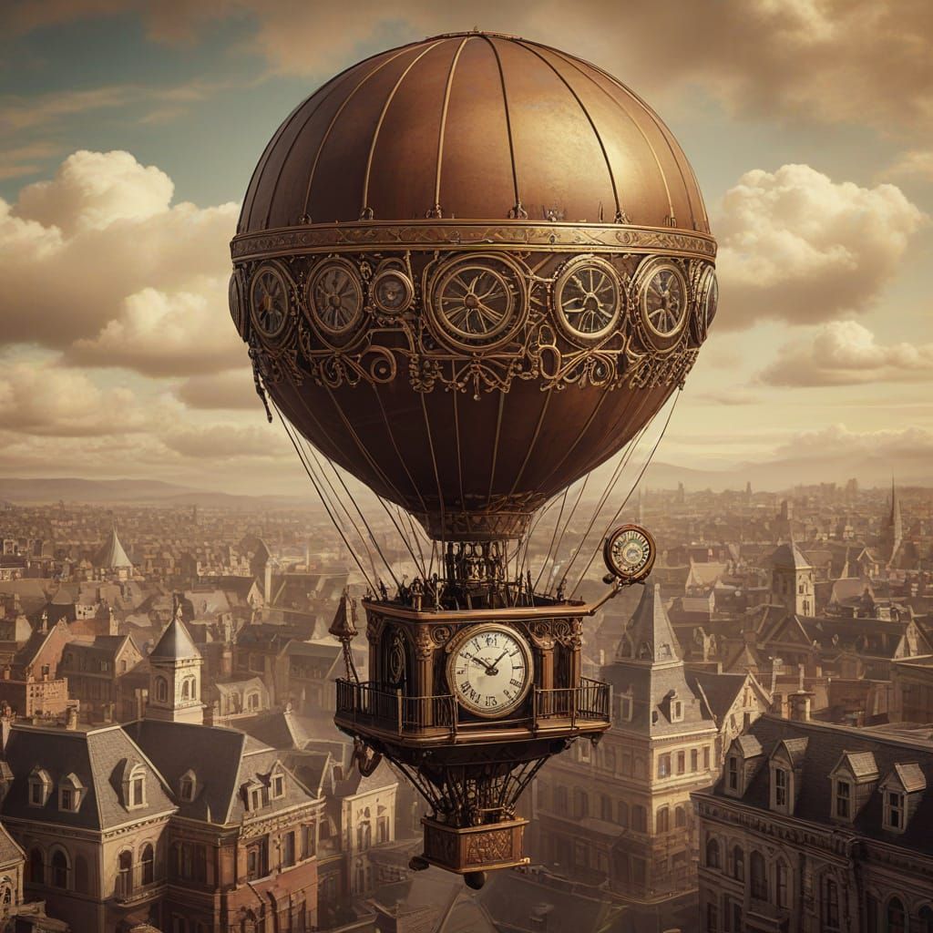 Steampunk Hot Air Balloon Over Victorian City in Art Nouveau...