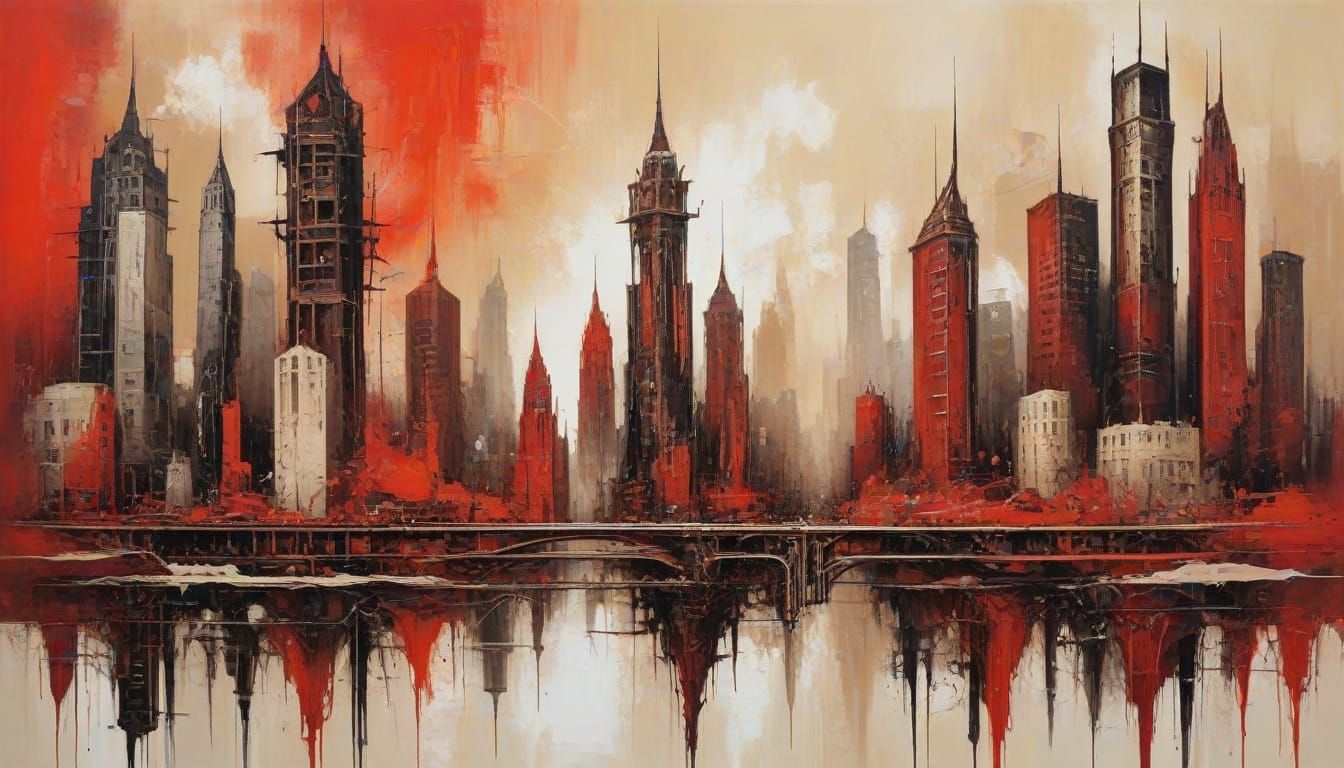 Clockpunk Abstract Cityscape Painting