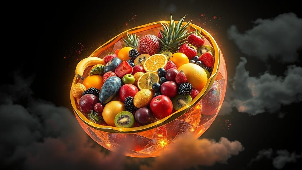 Vibrant Fruit Salad in Fractal Bowl, Digital Art