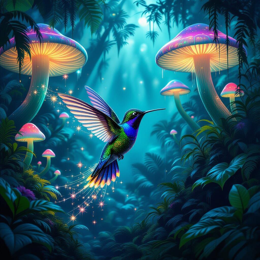 Bioluminescent Hummingbird in Jungle of Glowing Mushrooms