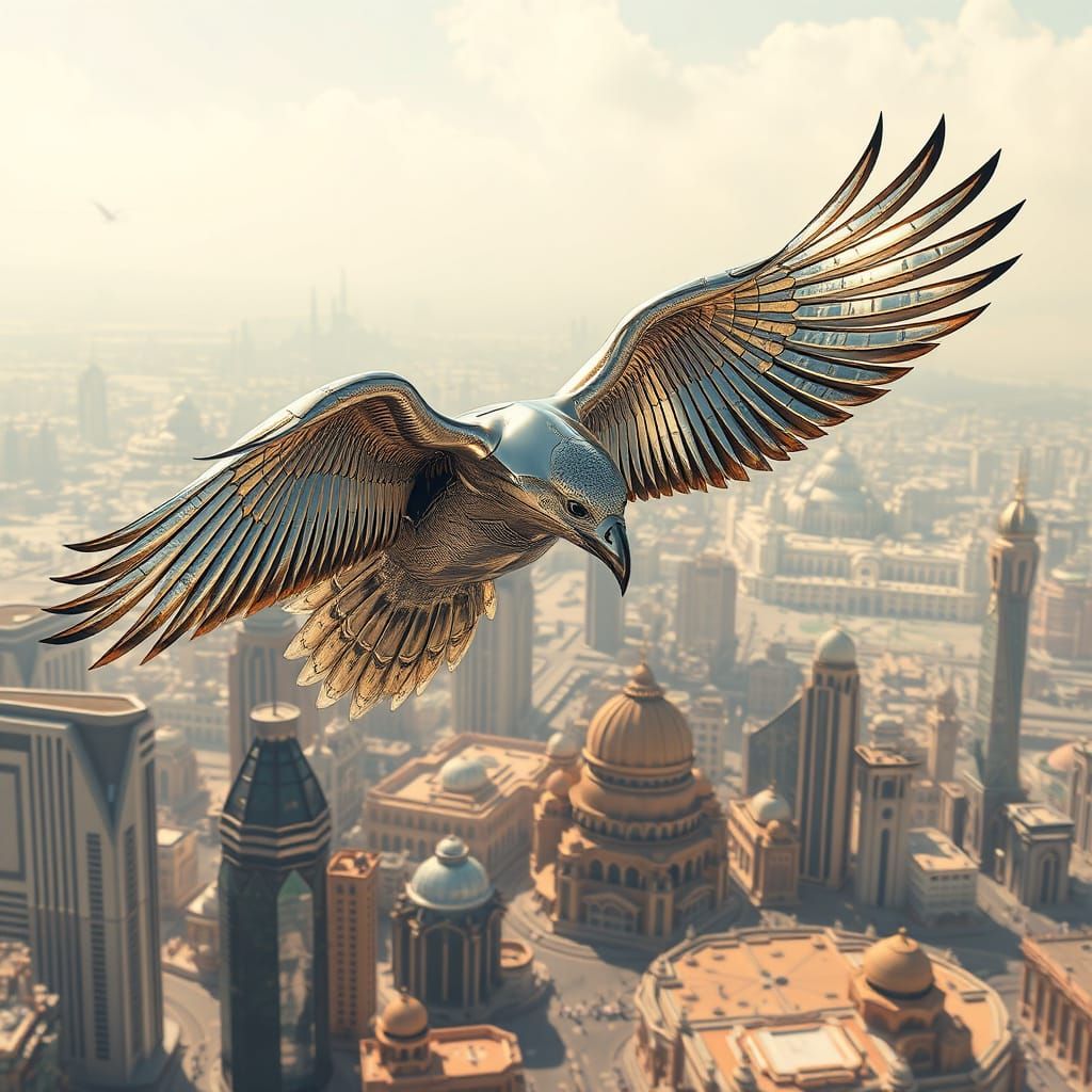 Futuristic Chrome Falcon Soars Over Arabian Cityscape