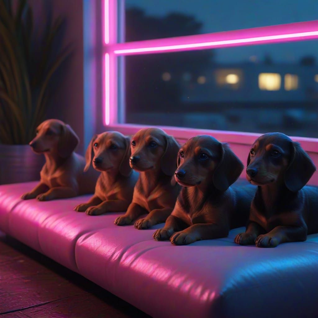 Adorable Dachshund Puppies Sleeping in Neon-Lit Veranda