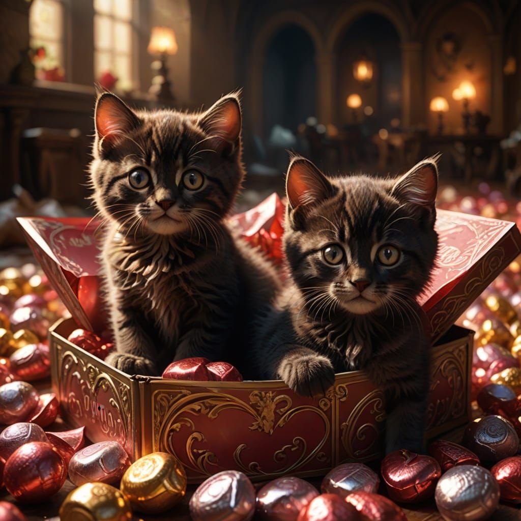 Cinematic Chocolate Kittens in a Valentine's Box